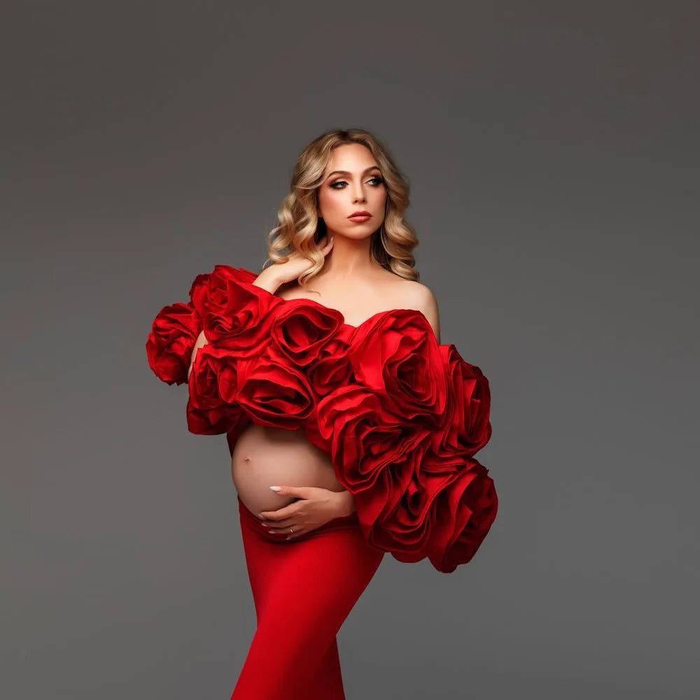 Elegance Red Maternity Dress Floral Top Skirt 2 Pieces Pregnant Gowns Off Shoulder Custom Made Baby Shower Maxi Dress Flower