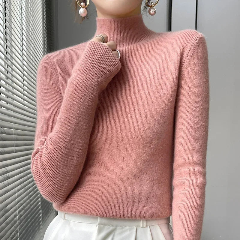 Autumn Winter Women Sweater Slim Fit Bottoming Shirt Basic Knitted Tops Black Long Sleeve Mock Neck Pullovers Strecth Innerwears