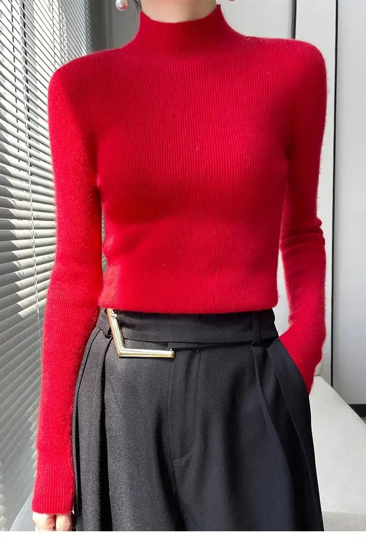 Autumn Winter Women Sweater Slim Fit Bottoming Shirt Basic Knitted Tops Black Long Sleeve Mock Neck Pullovers Strecth Innerwears