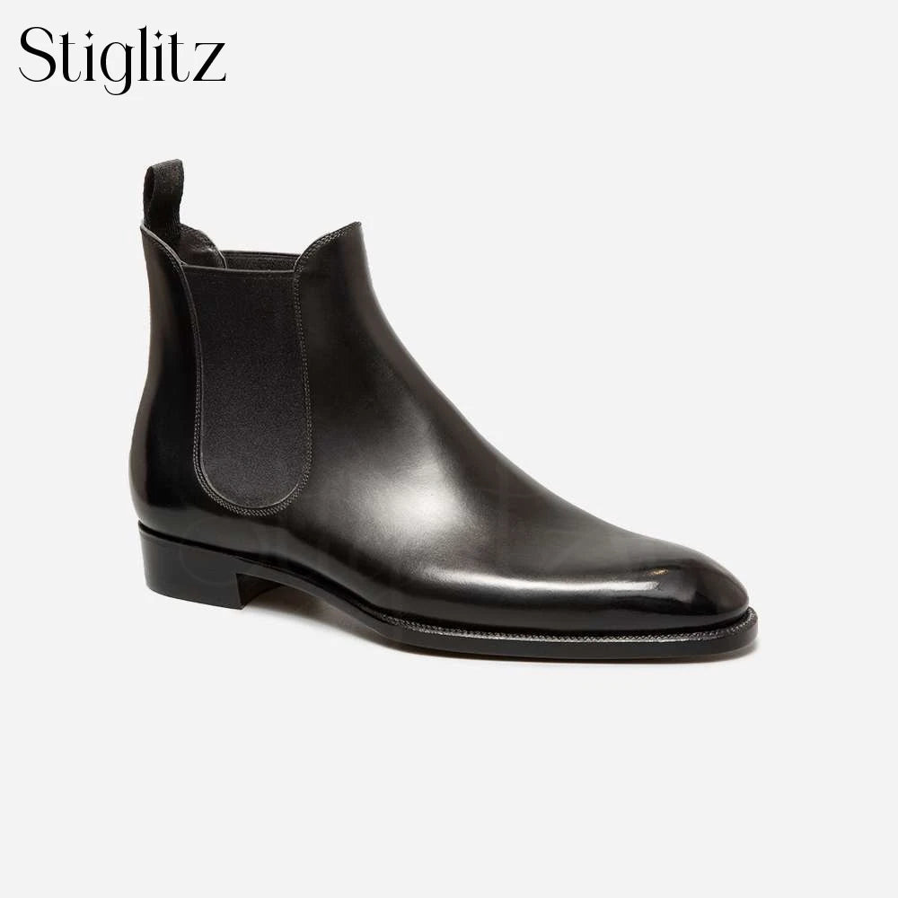 Almond Toe Chelsea Booties Formal Occasions Haute Couture Ankle Boots Genuine Leather Hand-Polished Stitched Slip-On Men's Boots